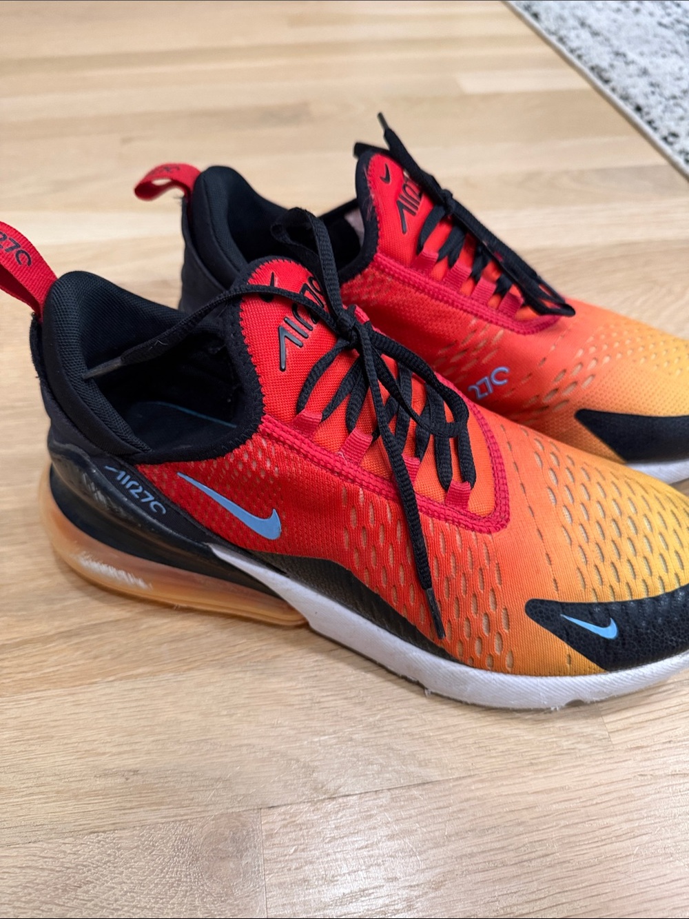 Nike Mens Gradient Red to Orange Air Max 270 Sneakers with Blue Swoosh